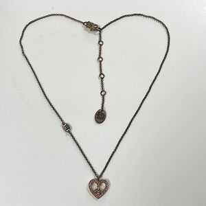 Juicy Couture heart-shaped pink rhinestone peace sign on antique gold necklace